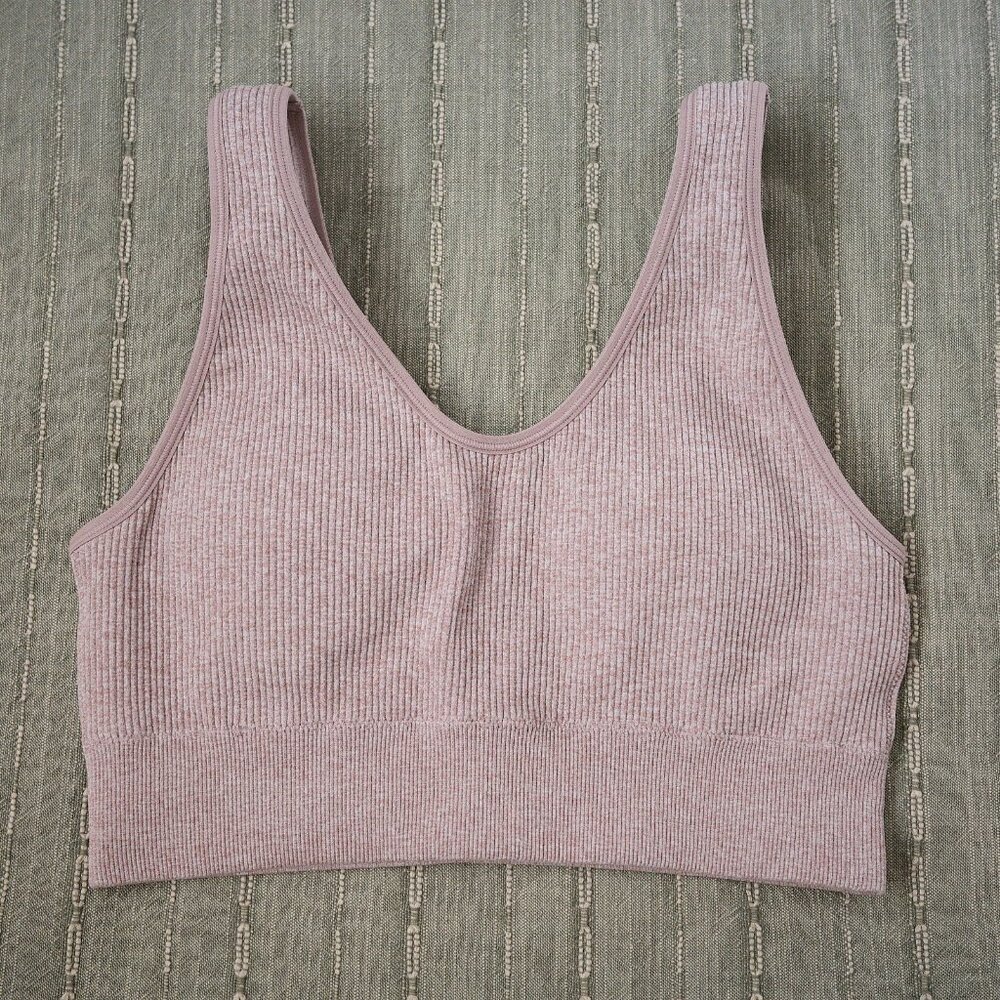 AERIE Ribbed Seamless Padded Sports Bra Bralette in Pebble Color L